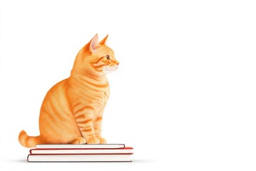 A serene orange cat sitting atop a stack of colorful books against a plain white background