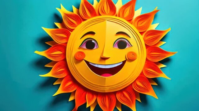 Close-up of a cheerful paper sun with a smiling face, radiating warmth and joy&mdash;whimsical and playful concept of summer, arts and crafts, and positivity