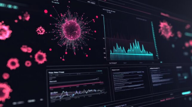 Futuristic interface displaying virus cells and generating real time statistics about infection, analyzing data and creating graphs on a computer screen