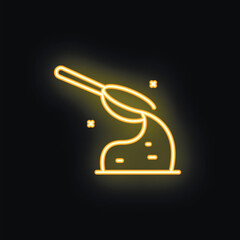 Bright yellow neon icon of a spoon pouring a substance, glowing on a dark background