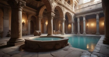 Ancient Roman bathhouse with intricate stonework and carvings, roman architecture, bathing area, arches
