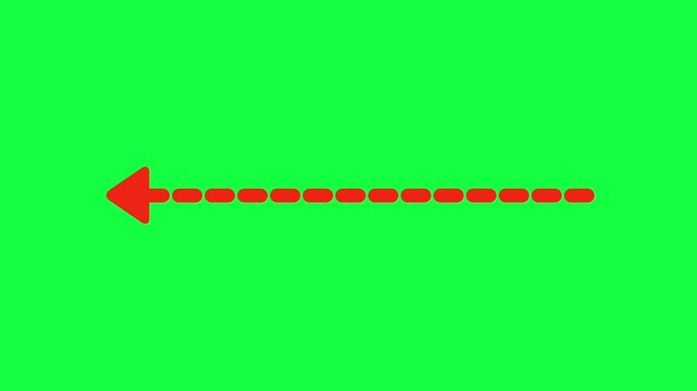 Red dotted animated straight line arrow on green screen background for video editing and motion graphics