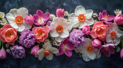 Beautiful spring blossom background filled with beautiful flowers including daffodils, tulips, crocuses, top view