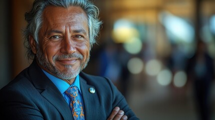 Confident businessman smiling in a modern office setting with blurred colleagues in the background