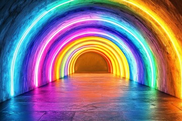 Vibrant Neon Arches in Dark Tunnel with Reflected Glow Effects