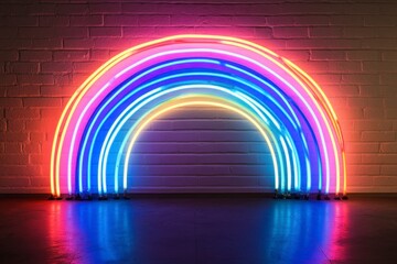 Bright Neon Rainbow Installation on Modern Brick Wall Background