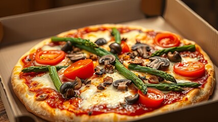 Vegetarian Homemade Pizza in Cardboard Box - Vibrant Photorealistic Food Photography