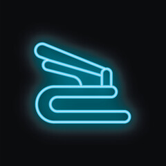 Blue neon sign of a stapler glowing against a dark background, perfect for designs related to office supplies or stationery