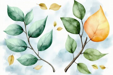 Vibrant watercolor illustration of various leaves showcasing seasonal changes in color