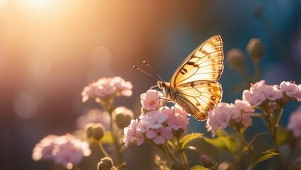 A delicate butterfly with light blue wings rests on a cluster of small white flowers,
