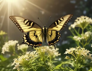 Naklejka premium Anise swallowtail butterfly resting on anise with sunlight filtering through , light, insect, foliage