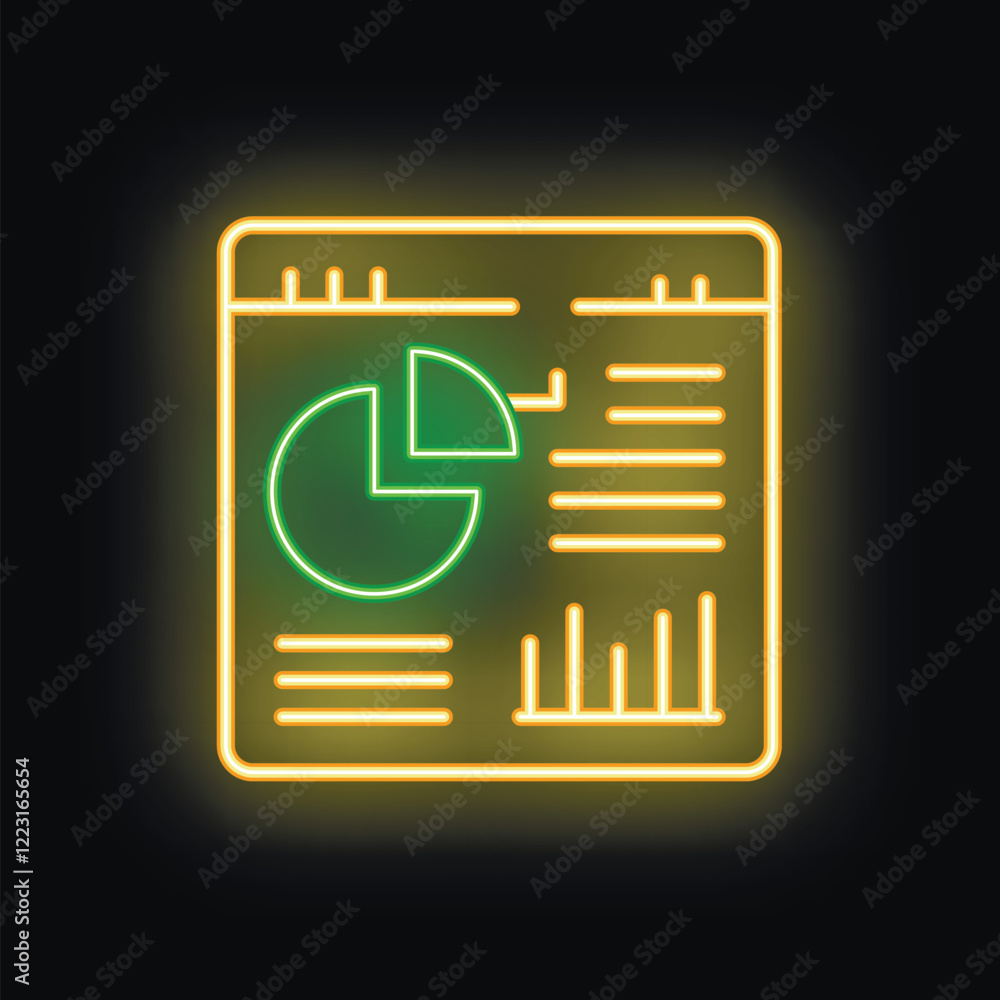 Poster neon business pie chart icon glowing on dark background representing marketing strategy and data ana