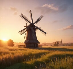 An old windmill standing alone in a field with a bright sunrise shining behind it, sunrise, field, abandoned setting