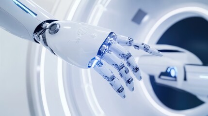A robot's hand interacting with advanced medical equipment against a sterile, white background, Futuristic style