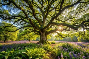 Fototapeta premium An old oak tree's sprawling canopy in a sunlit clearing with wildflowers and ferns, nature landscape, rural landscape, meadow scene, tree branches