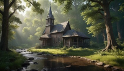 Obraz premium An old wooden church situated in the heart of a dense forest with a babbling brook running alongside it, secluded sanctuary, ancient architecture, peaceful refuge