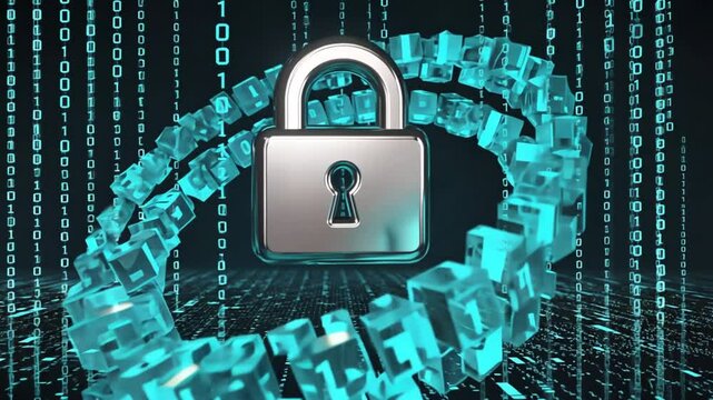 A glowing lock icon surrounded by rotating data squares. As the animation progresses, the lock gets "cracked" with binary code flooding the screen