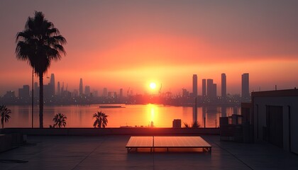 Serene sunset over a city skyline with palm trees reflecting on a calm waterfront