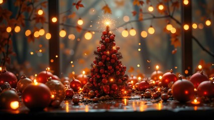Small Christmas Tree with Red Ornaments and String Lights