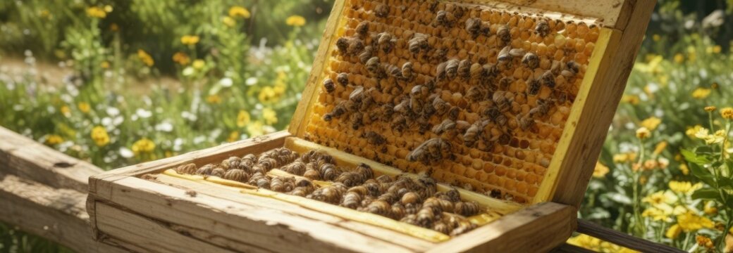 Apicultor sostiene el panal de abejas mientras las abejas se alimentan, apiculture, nutrition, beekeeping