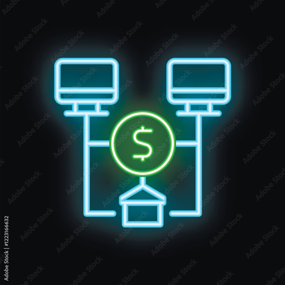 Poster neon glowing icon of a dollar sign connecting two computers in a network, representing online paymen