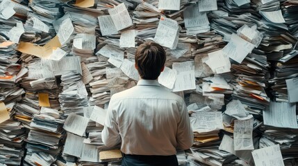 Workers Facing Chaos of Disorganization in a Pile of Paperwork with Back Turned in an Overwhelming Environment