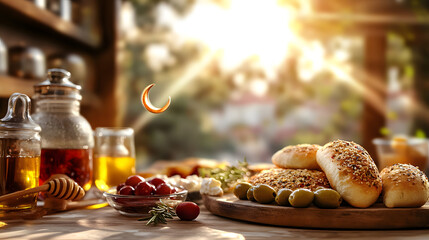 Sunlit Eid Al-Fitr Breakfast Table with Fresh Bread, Honey, and Cheese, UHD 4K Image