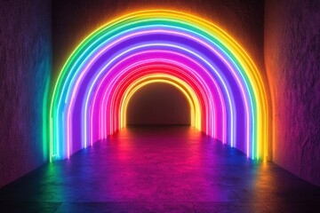 Vibrant Neon Rainbow Arches Illuminating Dark Room Entrance