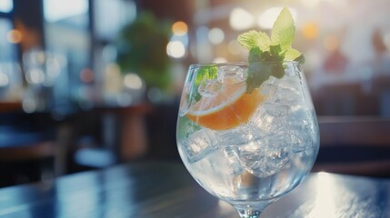 Gin and tonic garnished on rustic cafe tabletop close-up
