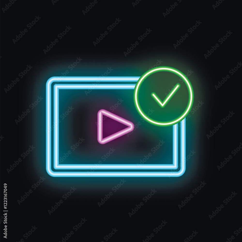 Poster glowing neon sign showing a video player with a check mark symbol on a black background