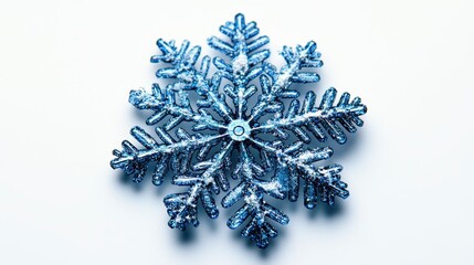 Sparkling Blue Glitter Snowflake Christmas Ornament on White Background