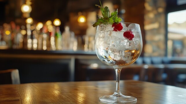 Gin and tonic garnished on rustic cafe tabletop close-up