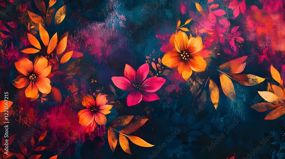 Poster stunning abstract patterns featuring vivid bold floral motifs set against a backdrop of shimmering c