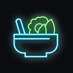 Neon icon of a bowl containing salad with a pair of chopsticks sticking out