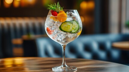 Gin and tonic garnished on rustic cafe tabletop close-up