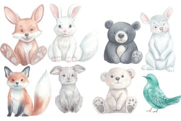 Cute watercolor illustrations of various adorable animals including a fox, rabbit, bear, and bird