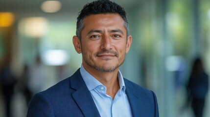 Confident businessman in a modern office setting, smiling with blurred colleagues in background