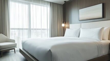 Bright and Clean Hotel Suite Featuring White Bed and Soft Textiles with Natural Light Flowing Through Large Windows