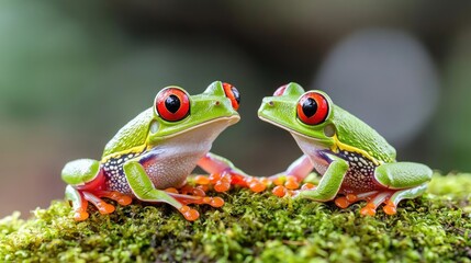 Naklejka premium Two vibrant red-eyed tree frogs sit facing each other on a lush green mossy branch in a tropical rainforest.
