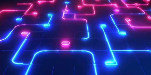 Vibrant neon light patterns on a dark background, ideal for technology, nightlife, or gaming themes. Suitable for digital art, marketing, and event promotion.