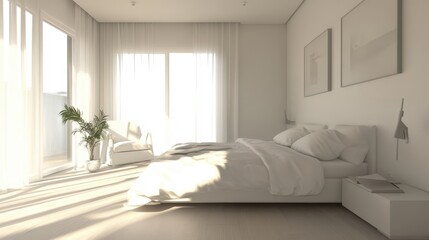 Bright and Minimalist Bedroom Setup Featuring White Bedding and Natural Light for a Calm and Inviting Atmosphere