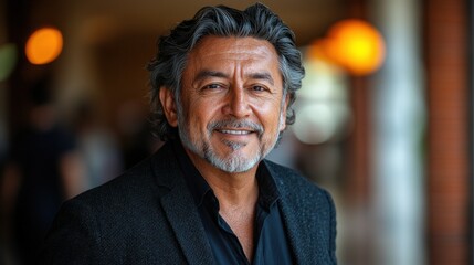 Confident middle-aged man smiling warmly in a lively indoor setting with blurred background