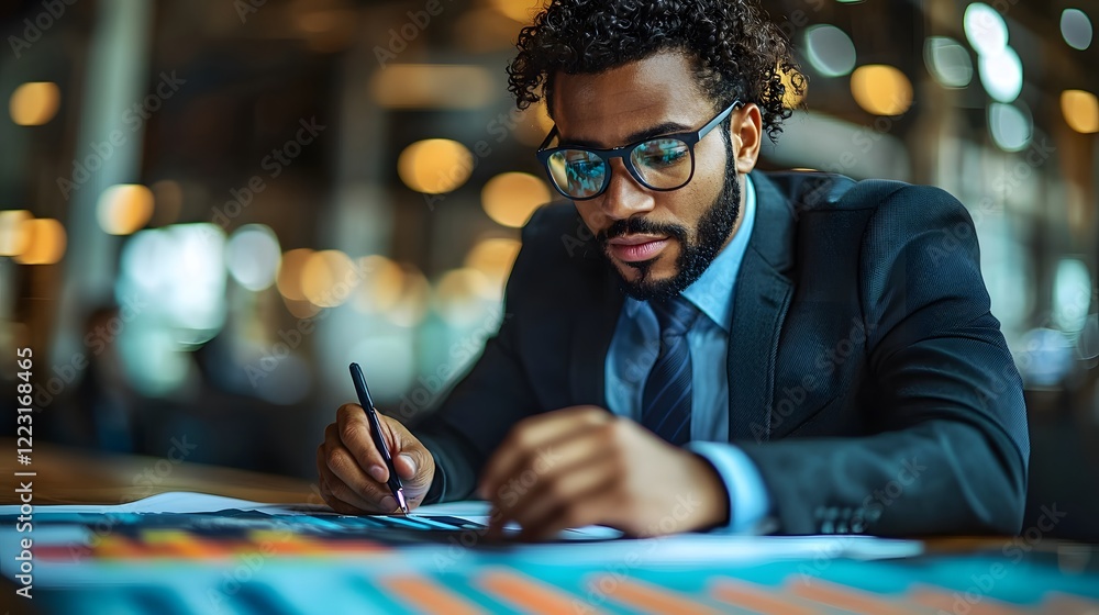 Aufkleber professional man analyzing data with charts and papers in office
