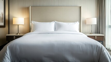 Fresh and Modern Hotel Room Featuring White Bedding and Stylish Lamps for a Relaxing Atmosphere