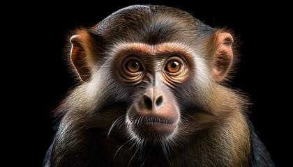 Obraz premium close-up front-facing portrait of a monkey with expressive eyes and detailed fur texture on a dark background 