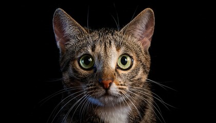 close-up of tabby cat face with bright green eyes, fine whiskers, curious expression, dark background, detailed feline photography
