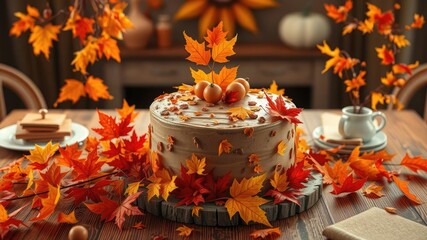 Autumn leaves in shades of orange and red are artfully arranged around a stunning autumn-themed cake on a wooden table with warm-toned decorations, red, warm colors, cake