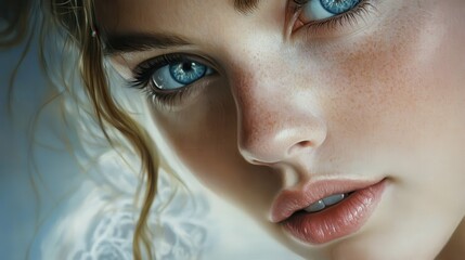 Close-up portrait of young caucasian female with freckles and blue eyes