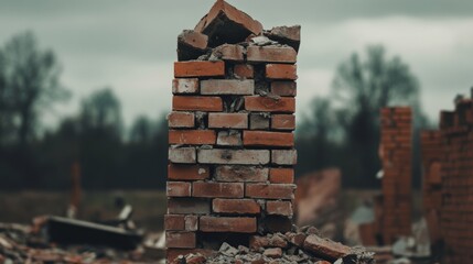 Naklejka premium Damaged brick pillar amidst rubble, outdoors.