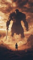 David vs goliath, biblical concept with copy space vertically 9:16